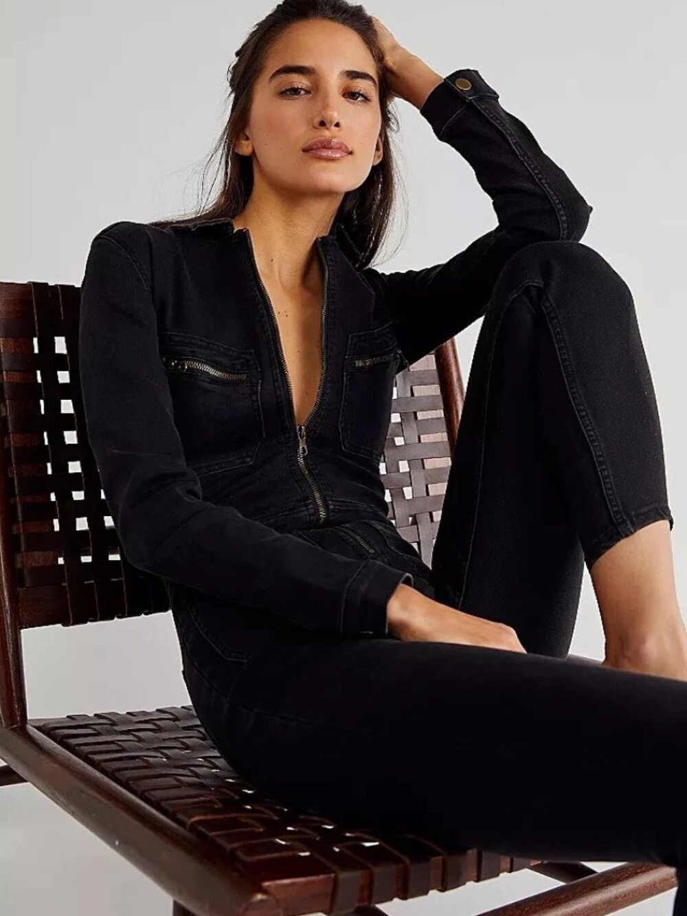 Free People Lennox Black Denim Utility Jumpsuit XL NWOT